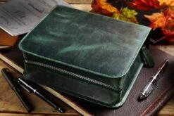 Galen Leather Zippered 40 Slot Pen Case - Crazy Horse Forest Green -Office Supplies Sale GalenLeather Zippered40SlotPenCase CrazyHorse ForestGreen 1