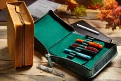 Galen Leather Zippered 40 Slot Pen Case - Crazy Horse Forest Green -Office Supplies Sale GalenLeather Zippered40SlotPenCase CrazyHorse ForestGreen Brown 2